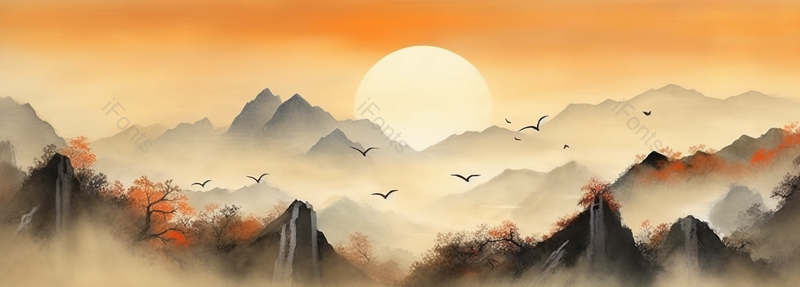 彩色水墨风云山雾绕中的飞鸟群,插画/手绘图,插画/手绘图库,插画/手绘图下载,插画/手绘